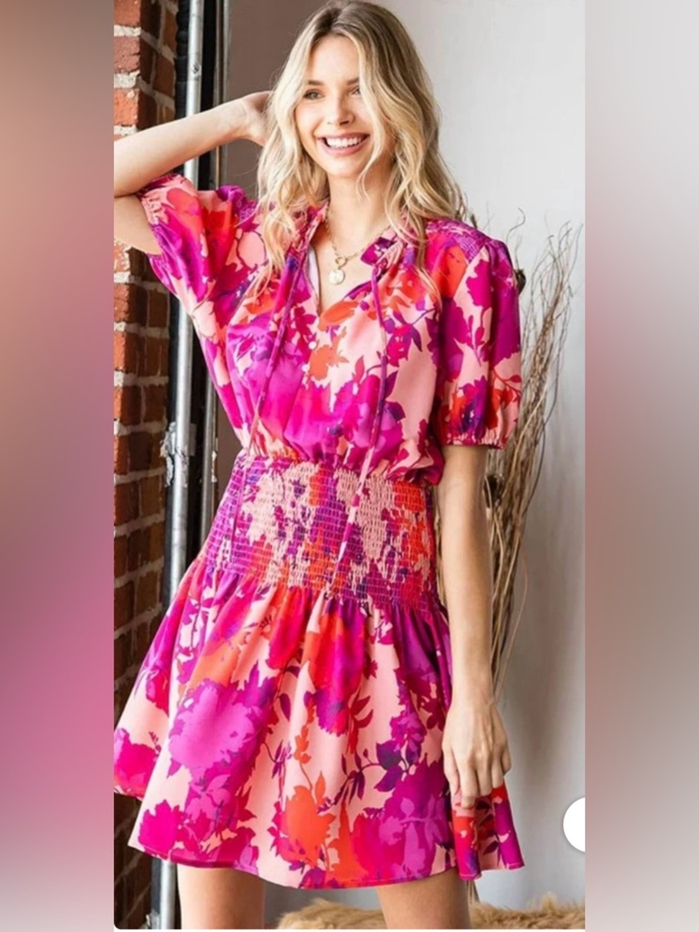 Boutique Vibrant Pink & Coral Floral Smocked Waist Dress by FIRST❤️ LOVE BRB SL4 - Picture 2 of 11